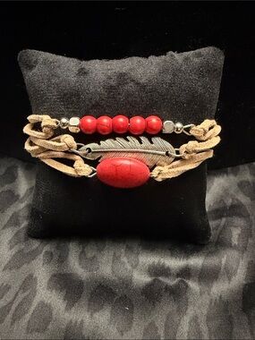Boho Red Bead & Feather Multi-Strand Bracelet
